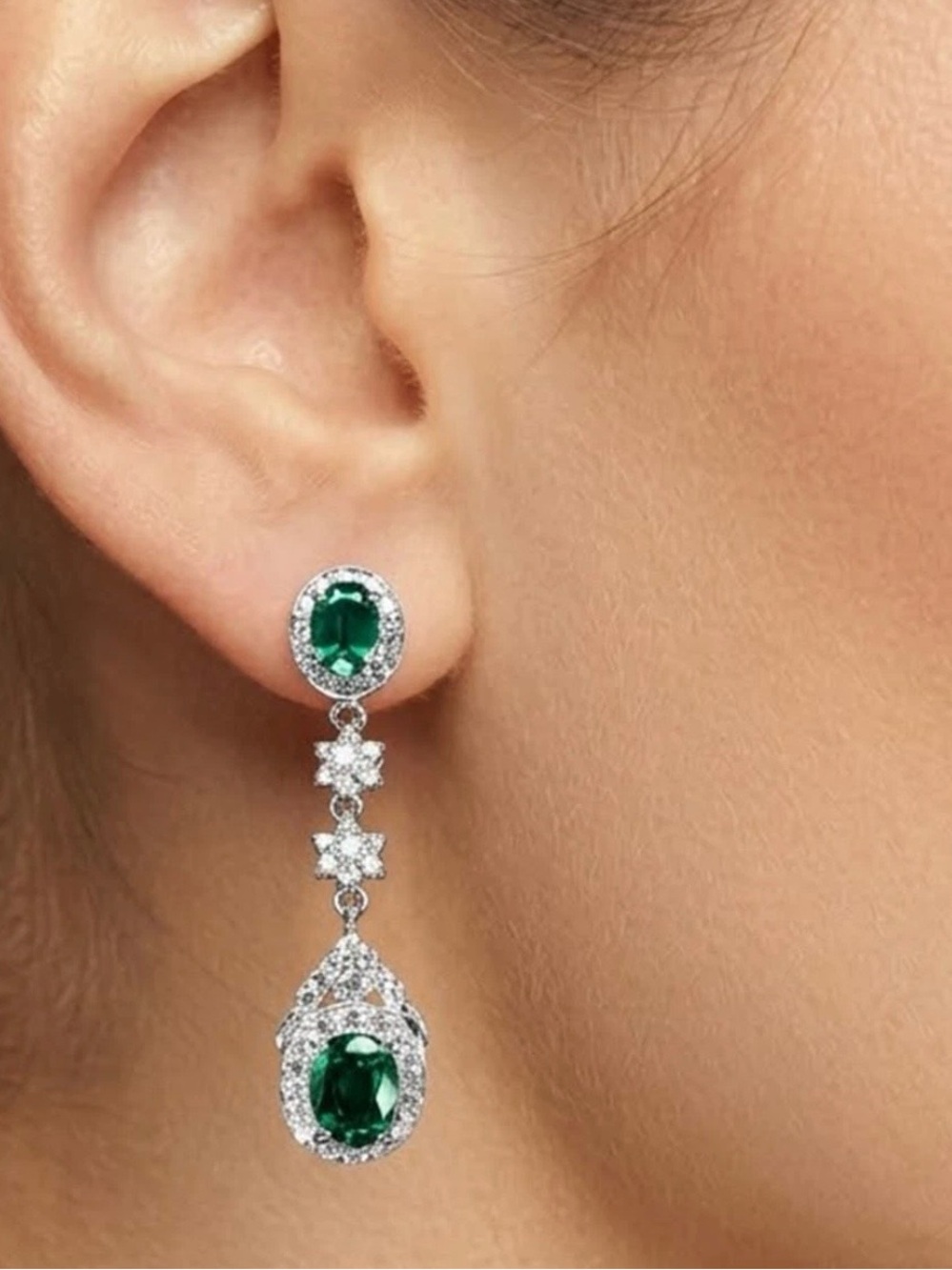 7ct Emerald & Sapphire White Silver 925 Dangle Earrings - Picture 2 of 3